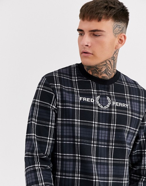 Fred Perry embroidered chest logo sweat in black tartan