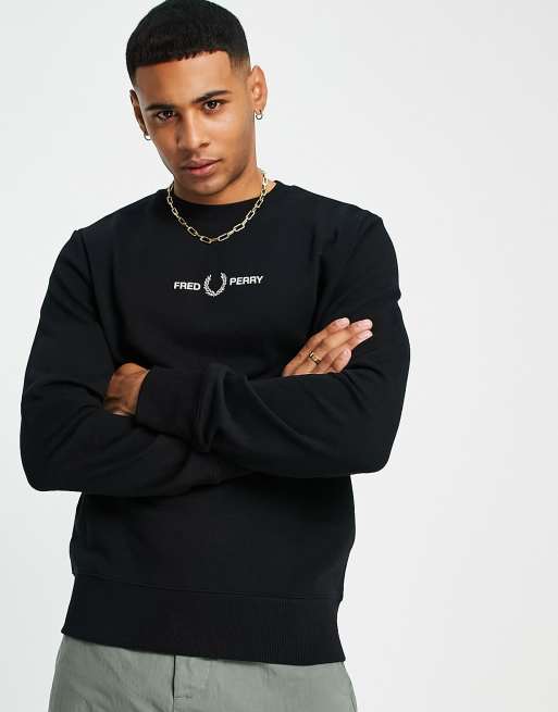 Fred Perry embroidered crew neck sweatshirt in black