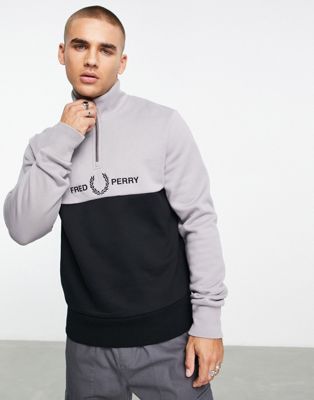 Fred Perry embroidered half zip sweatshirt in black