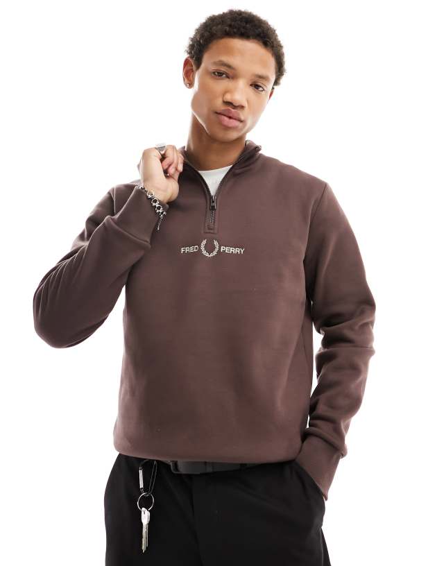 Fred Perry embroidered half zip sweatshirt in brick | ASOS