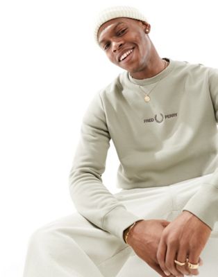 Fred Perry embroidered logo crew neck jumper in warm beige