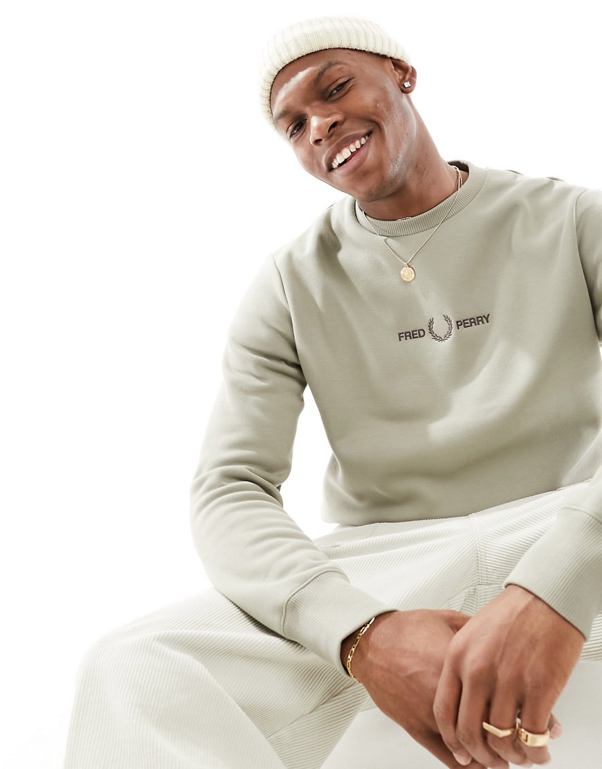 Fred Perry Embroidered Logo Crew Neck Sweater In Warm Beige-gray