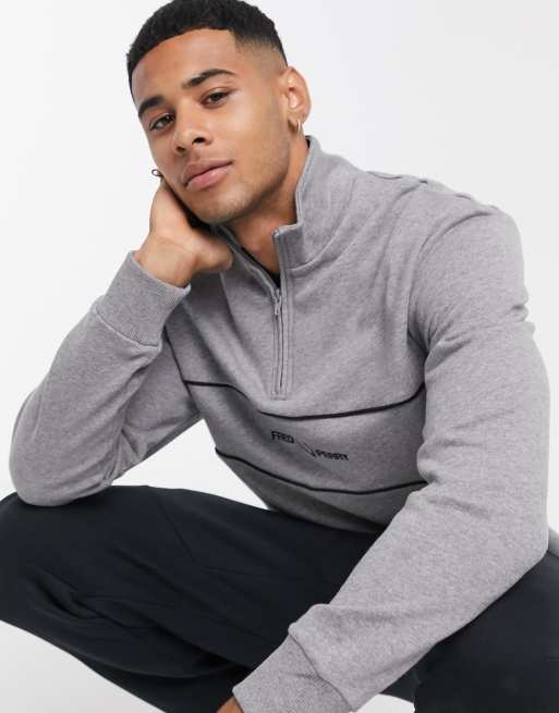 Fred Perry embroidered panel half zip sweatshirt in gray ASOS