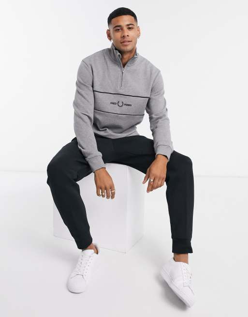 Fred Perry embroidered panel half zip sweatshirt in gray