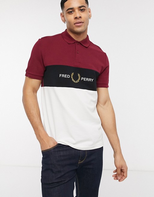 Fred Perry embroidered panel polo shirt in burgundy