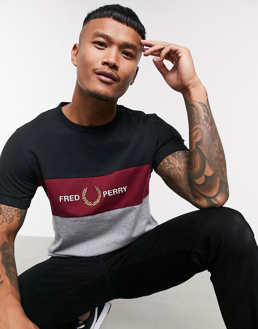 Fred Perry embroidered panel t-shirt in grey and black