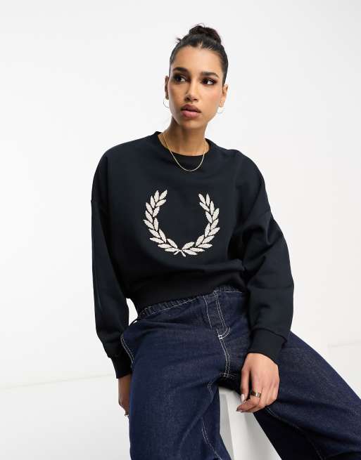 Fred Perry - Felpa blu navy con corona d'alloro e cuciture incrociate