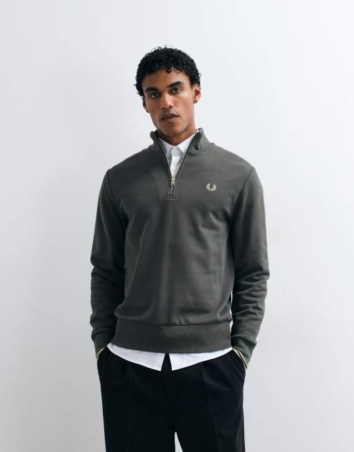 Fred Perry - Felpa color kaki con zip corta, 1 di 5