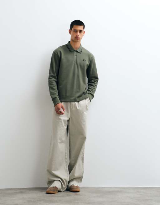 Fred Perry fleece lined tipped collared sweatshirt in khaki, 2 of 5