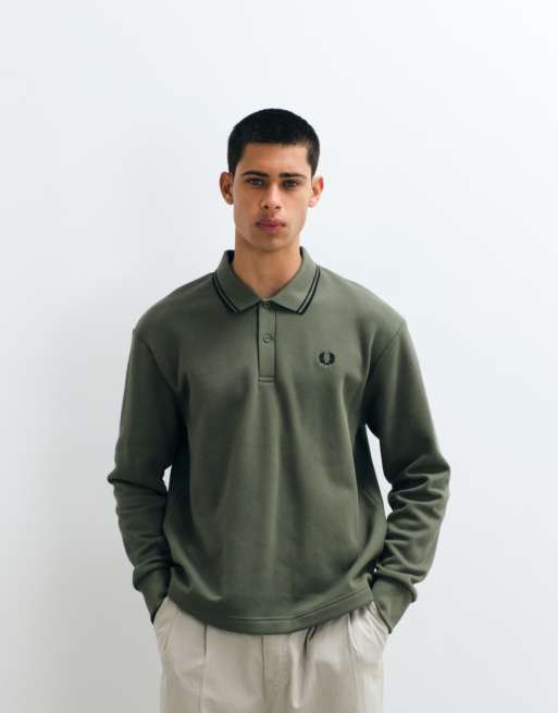Fred Perry fleece lined tipped collared sweatshirt in khaki, 4 of 5