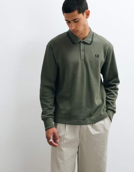 Fred Perry fleece lined tipped collared sweatshirt in khaki, 5 of 5