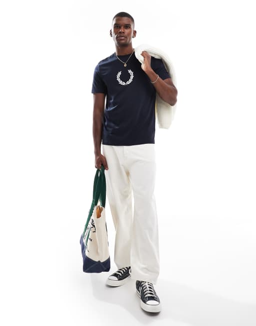 Fred Perry flocked laurel wreath graphic T-shirt in navy | ASOS