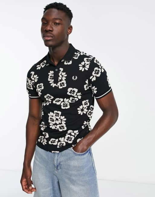 Fred Perry floral print polo shirt in black | ASOS