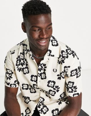 Fred Perry floral print revere shirt in cream
