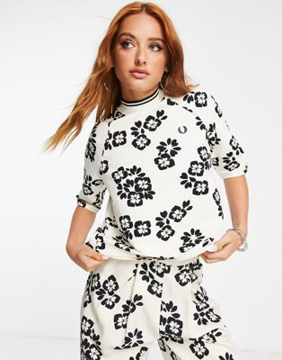 Fred Perry floral print t-shirt co-ord in cream