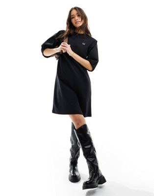 Fred Perry gathered sleeve t-shirt dress in black