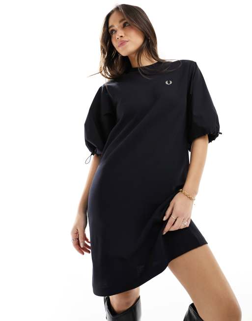 Fred Perry gathered sleeve t shirt dress in black