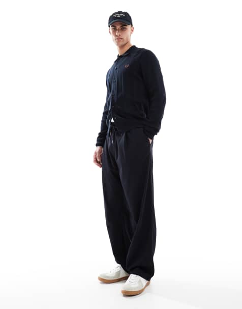 Fred Perry - Gebreid overhemd met lange mouwen en knopen in marineblauw - view 1