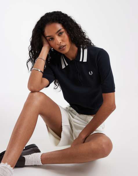 Fred Perry - Gebreid poloshirt met dubbele gekleurd randje in marineblauw - view 1