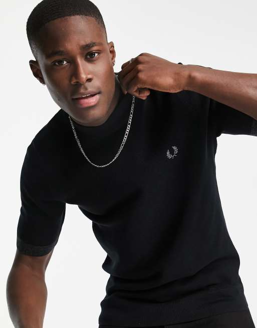 Fred Perry - Gebreid T-shirt met space-dye randjes in zwart