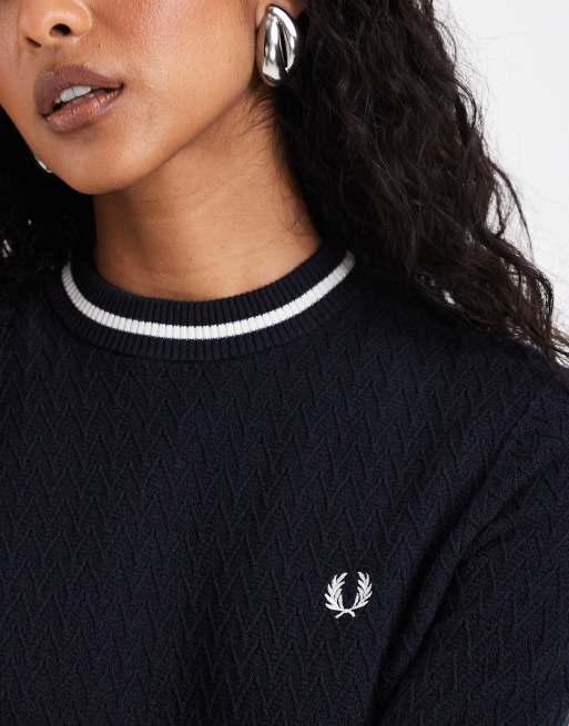 Fred Perry - Gebreide top met textuur en korte mouwen in marineblauw, 2 van 4