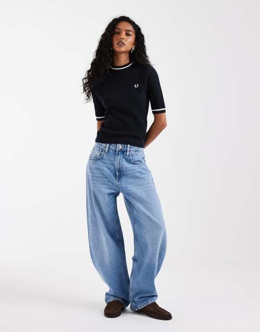 Fred Perry - Gebreide top met textuur en korte mouwen in marineblauw, 3 van 4