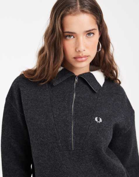 Fred Perry gebreide trui met contrasterende halve rits in antracietgrijs gemêleerd - view 1