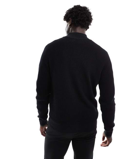 Fred Perry - Gebreide trui met halve rits en wafelsteken in zwart, 4 van 4