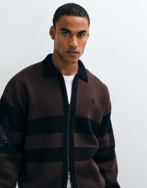 Fred Perry gestreept logo graphic vest met rits in donkerbruin - view 1