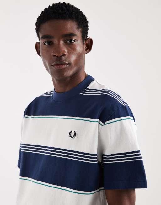 Fred Perry - Gestreept T-shirt van zware stof met logo in blauw en wit, 4 van 5