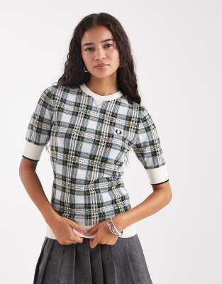 Fred Perry - Gestricktes T-Shirt in Grün mit Schottenkaro
