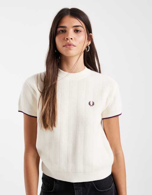 Fred Perry getextureerd gebreid T-shirt in ecru, 3 van 4