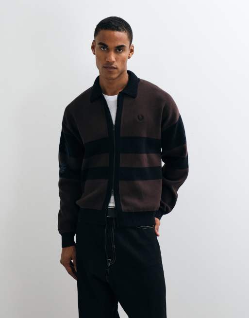 Fred Perry gilet zippé à rayures avec logo, marron foncé, 3 de 5