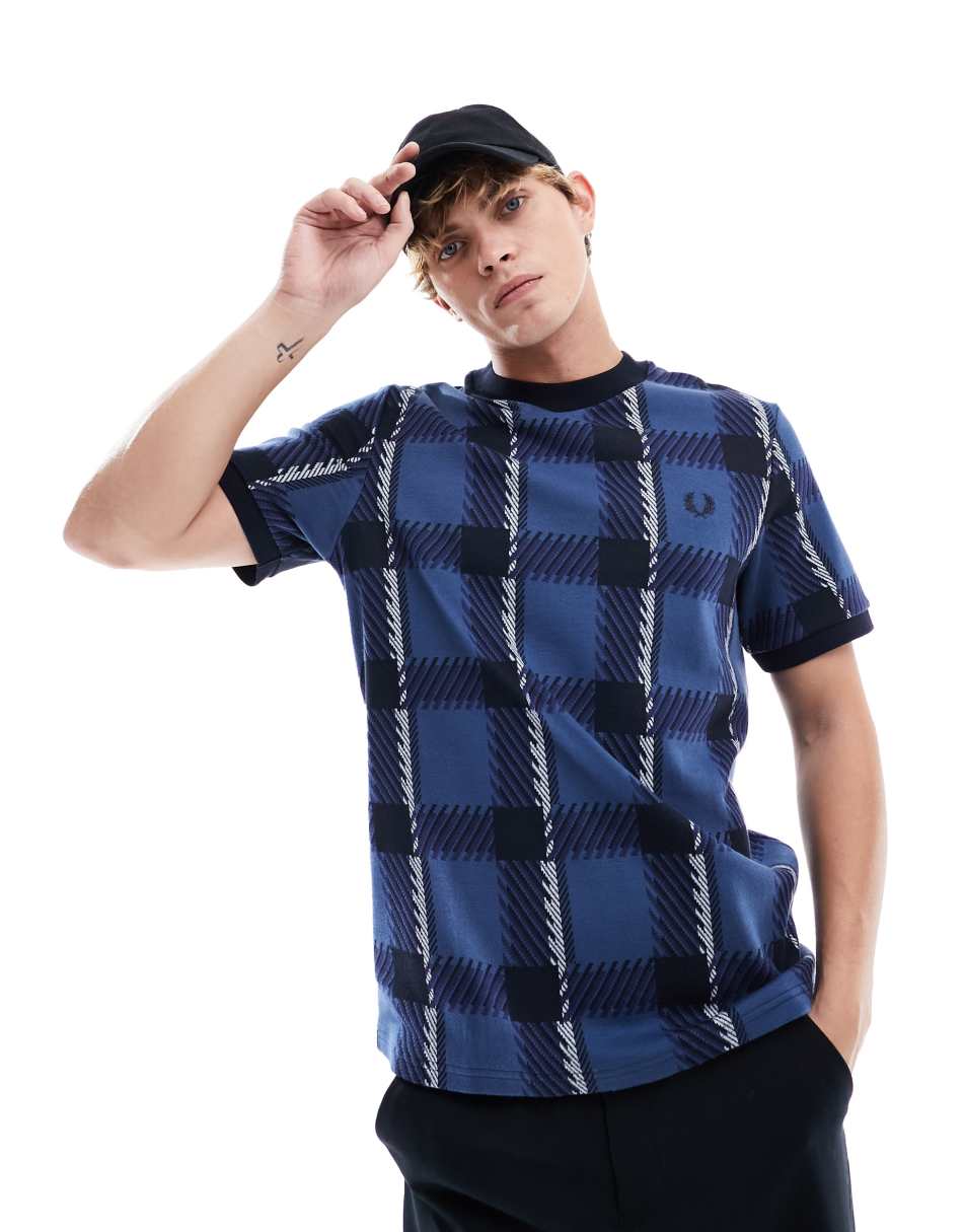 Fred Perry glitch tartan tee in midnight blue