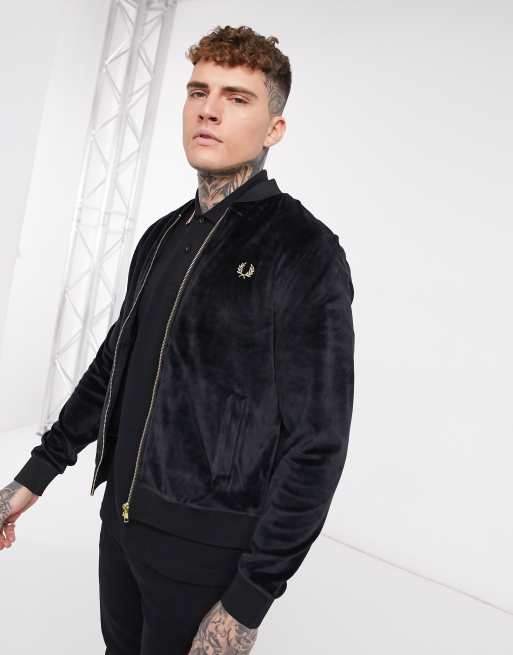 Fred Perry gold detail velour bomber jacket in black