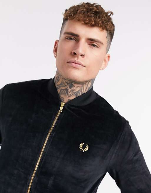 Fred Perry gold detail velour bomber jacket in black