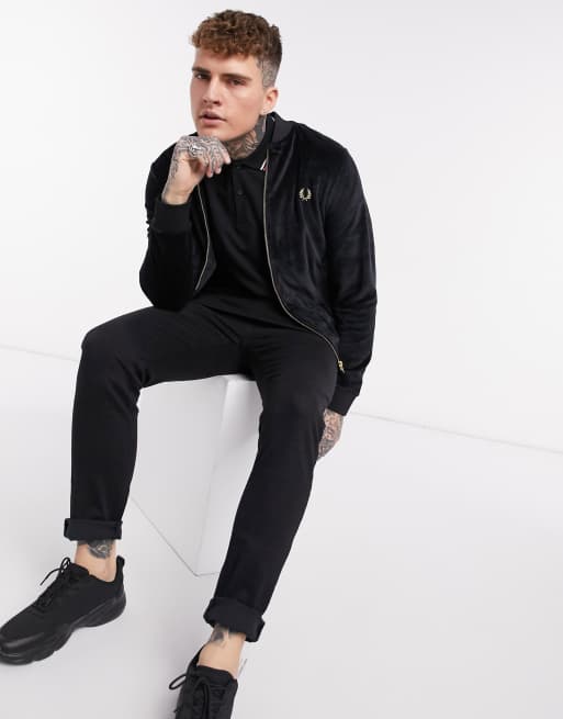 Fred Perry gold detail velour bomber jacket in black