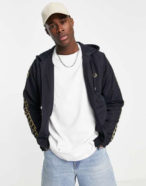 Fred Perry gold taped zip through hoodie in navy | ASOS