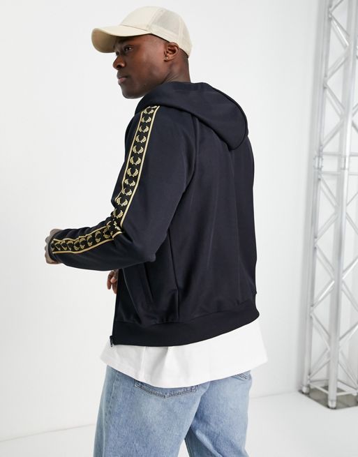 Fred Perry gold taped zip through hoodie in navy
