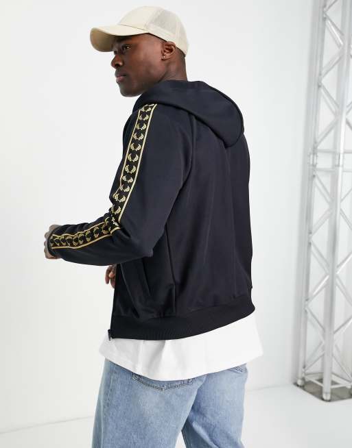 Fred Perry gold taped zip through hoodie in navy