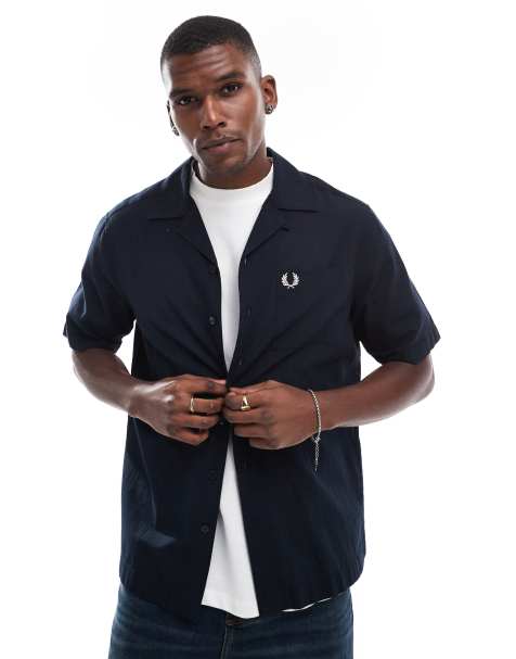 Fred Perry short sleeve revere collar shirt in navy