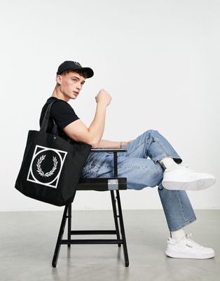 Fred Perry graphic print tote bag in black