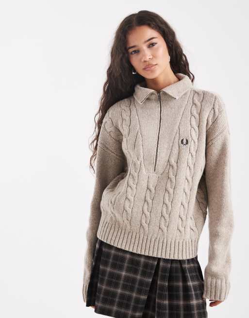 Fred Perry half zip cable knit jumper in beige | ASOS
