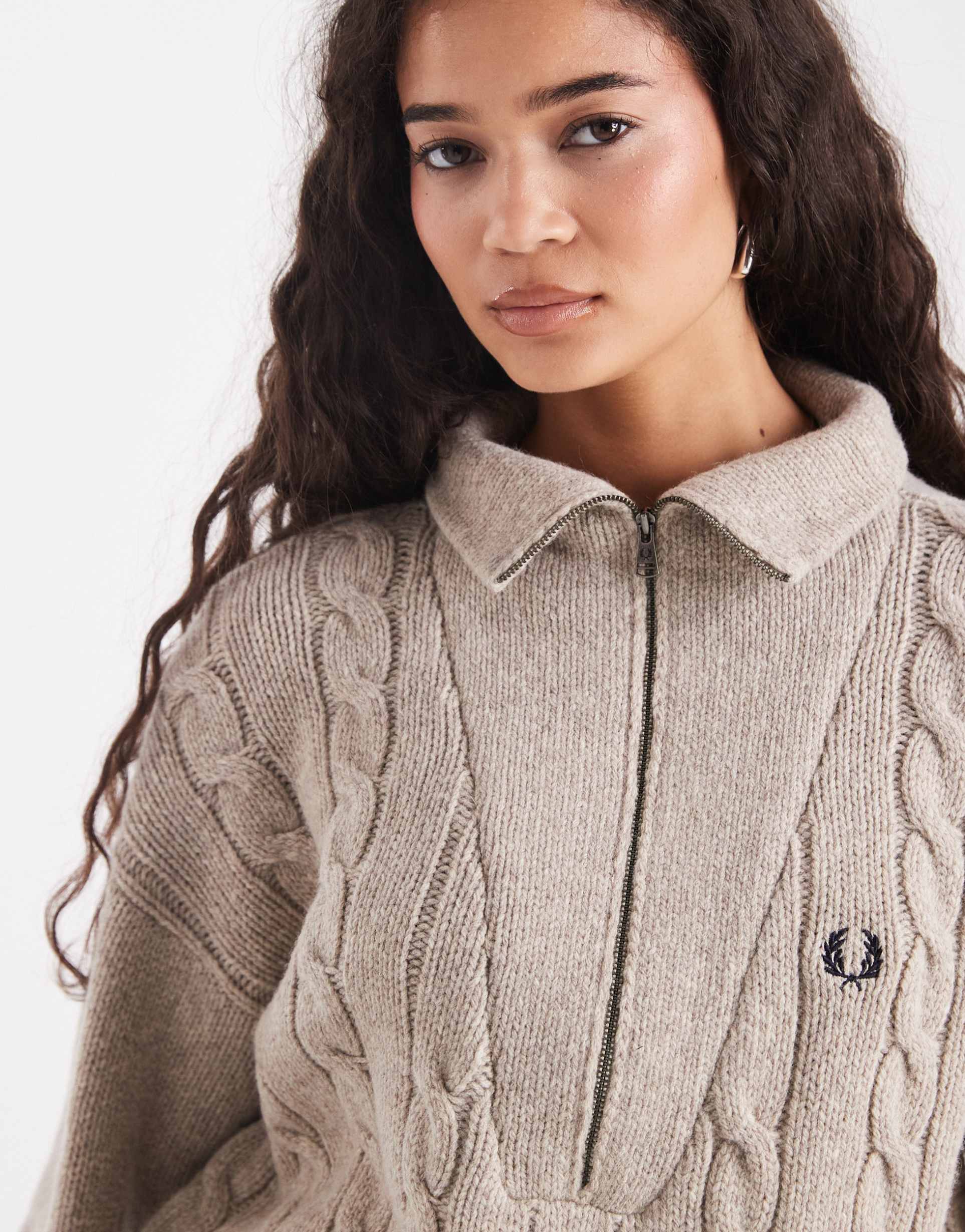 fred perry half zip cable knit sweater in beige
