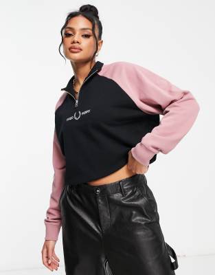 Fred Perry half zip color block sweatshirt in black and pink