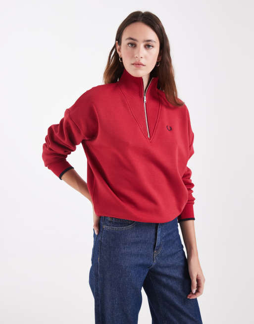 Fred Perry half zip high neck logo sweatshirt in red, 2 of 4
