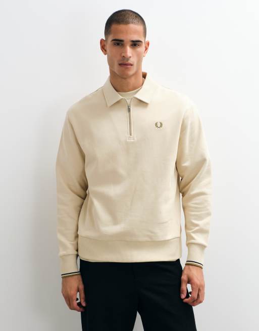 Fred Perry half zip logo polo sweatshirt in beige, 2 of 5