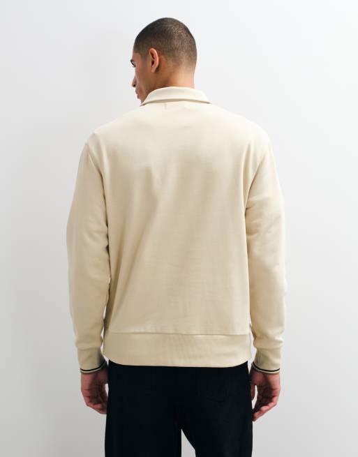 Fred Perry half zip logo polo sweatshirt in beige, 3 of 5