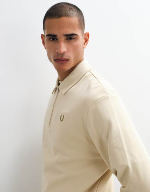 Fred Perry half zip logo polo sweatshirt in beige, 4 of 5