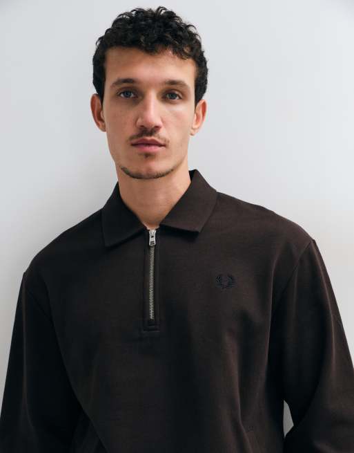 Fred Perry half zip smock sweatshirt in dark brown, 3 of 5